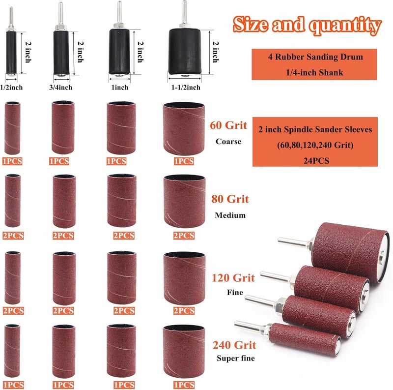 Sunxeke 187-Piece Sanding Drum Kit for Drill & Drill Press – Includes 2inch Spindle Sander Sleeves (60/80/120/240 Grit), 4 Rubber Sanding Drums, 1/4-Inch Shank,Versatile Sander Accessory with Box - Image 2